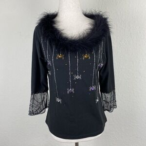 Jack B Quick S Top Spider Theme Witchy Fur Trim Web Beaded Blouse Halloween Vtg